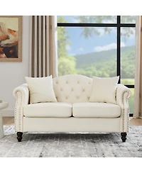 Streamdale Furniture Faux Leather Chesterfield Sofa with Nailhead Trim and 2 Pillows