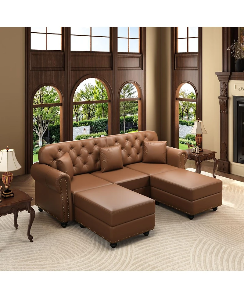 Streamdale Furniture Faux Leather Chesterfield Sofa with Nailhead Trim and 2 Pillows