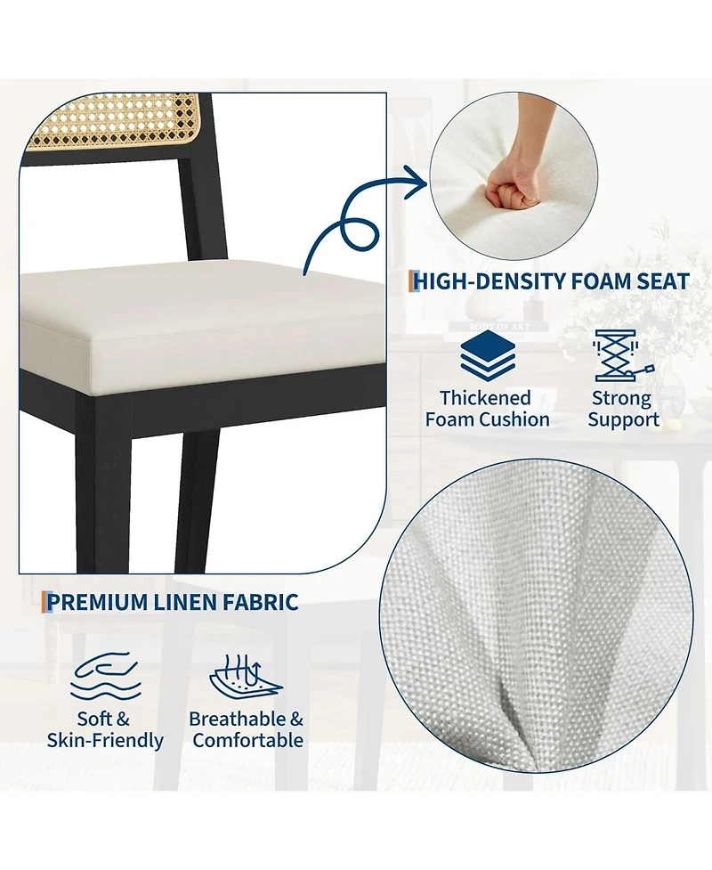 homfan Modern Armless Rattan Dining Chairs, Upholstered Linen Seat, Sturdy Wood Frame, Breathable Backrest - Ideal for Kitchen, Room
