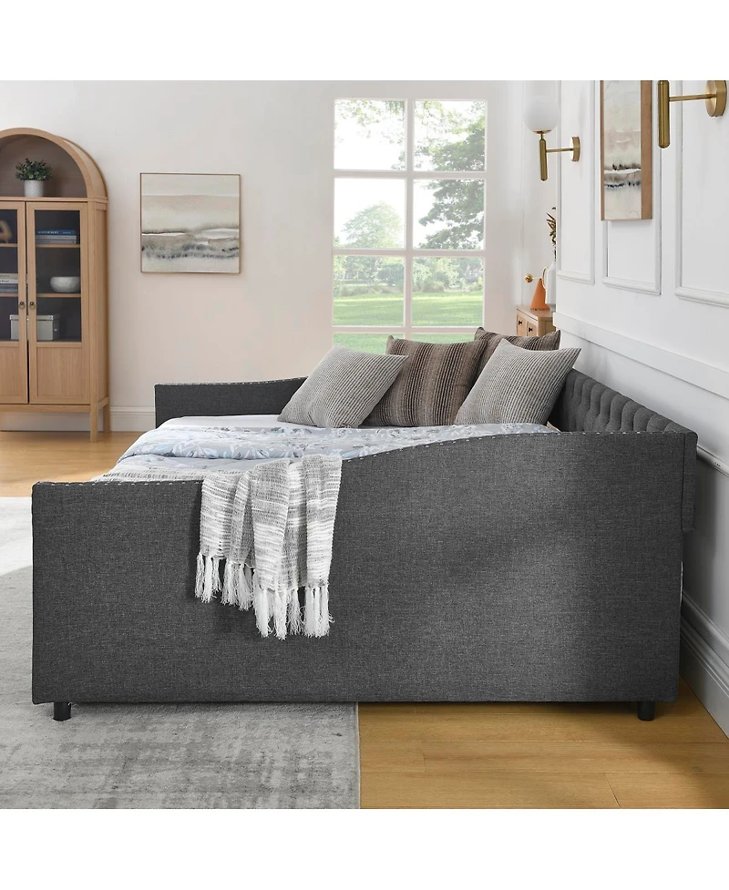 Streamdale Furniture Faux Leather Chesterfield Sofa with Nailhead Trim and 2 Pillows