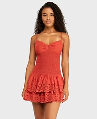 Alexa & Sophia Juniors' V-Neck Embroidered Eyelet Dress with Tiered Skirt and Lace Trim Detail