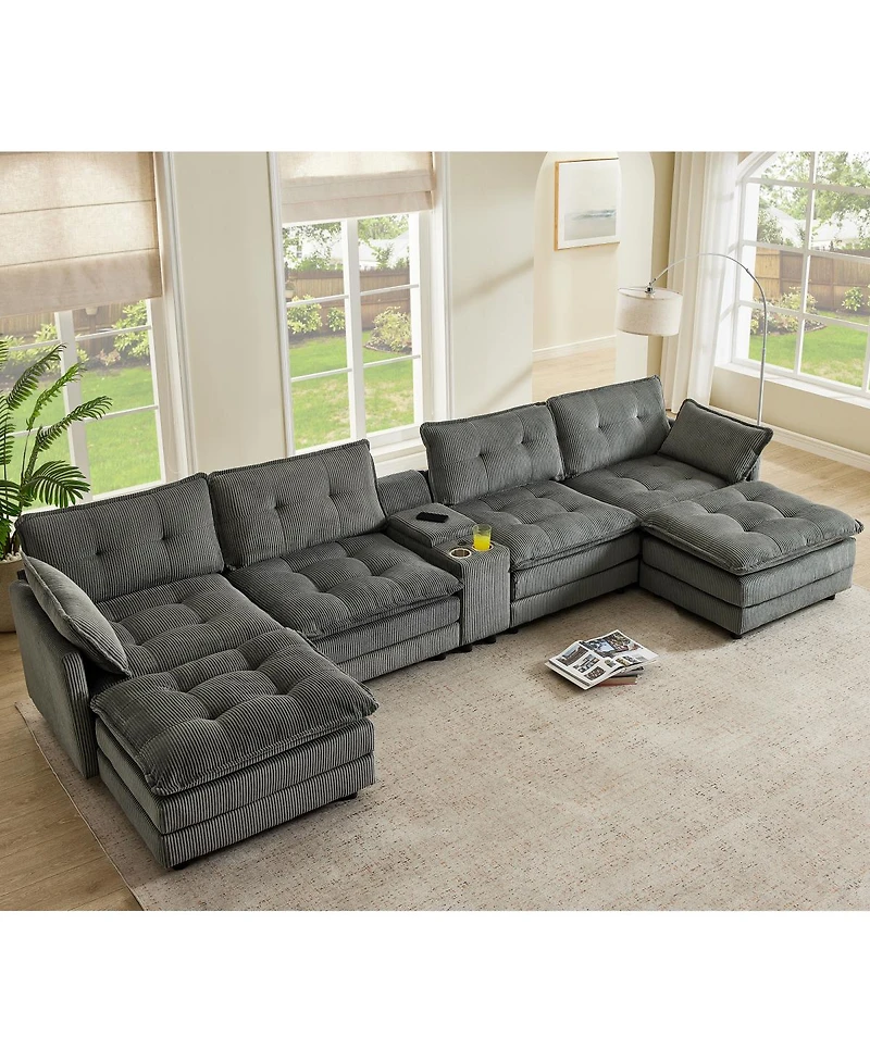 Streamdale Furniture Modular U-Shaped Corduroy Sectional Sofa with Ottomans and Usb