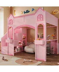 Streamdale Furniture Wood Castle Loft Bed with Storage, Desk, and Led Lights