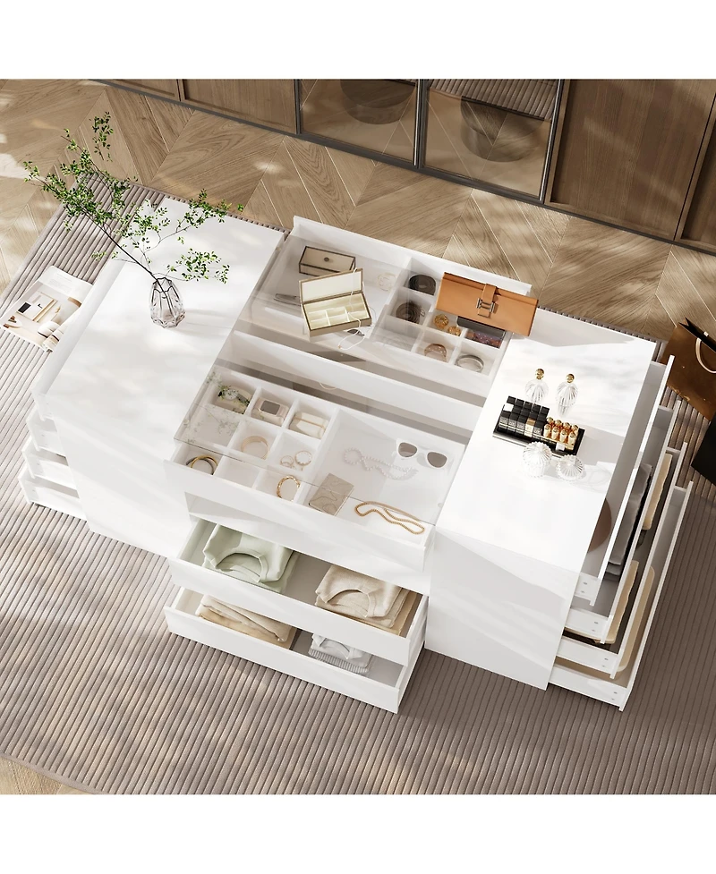 Homsee Modern 63 Inch 14-Drawer Island Cabinet - 4mm Tempered Glass | Laminate Finish