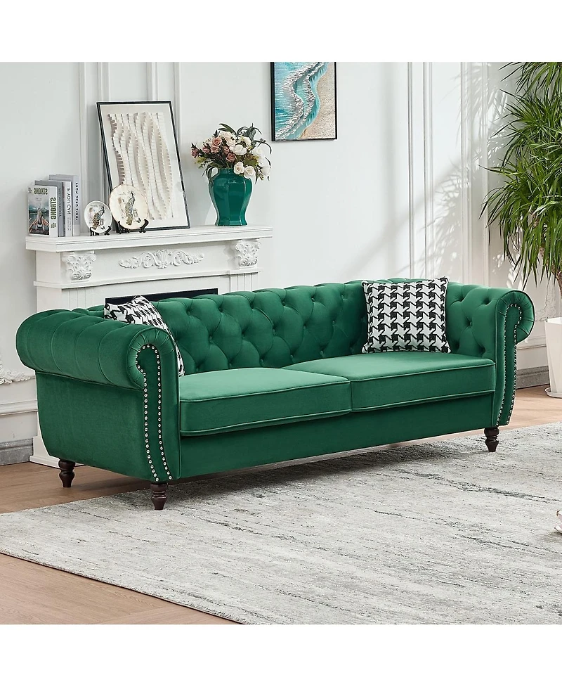 Streamdale Furniture Chesterfield Velvet 3-Seater Sofa with Roll Arms and Nailhead Trim