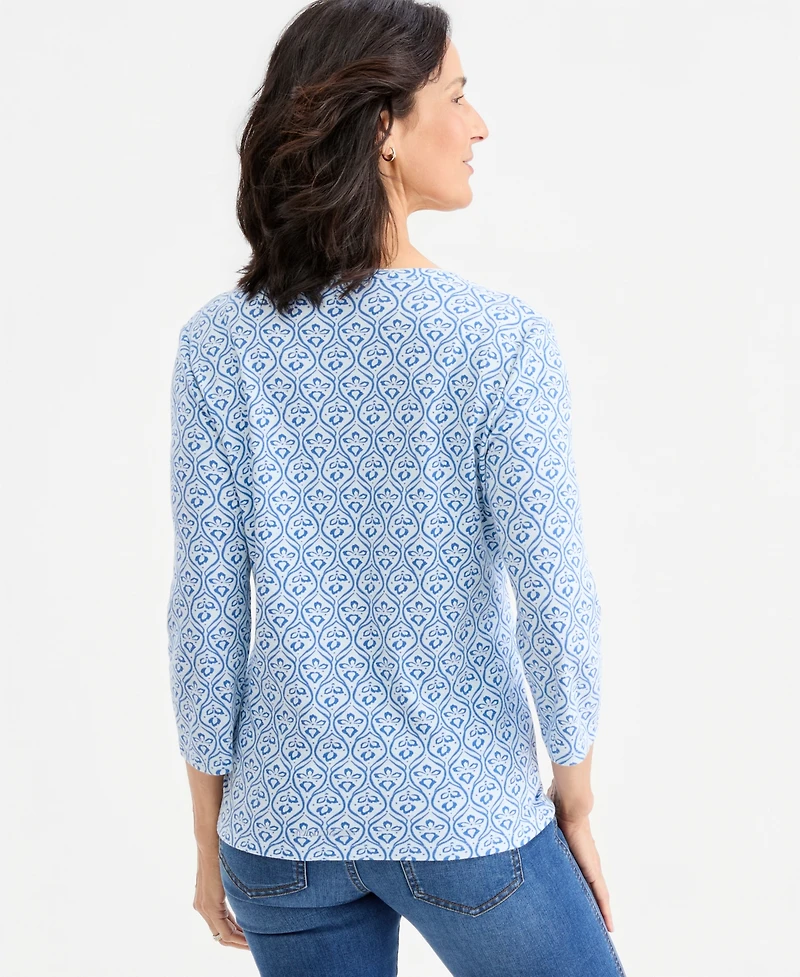 Style & Co Women's Printed 3/4-Sleeve Henley Top, Macy's Exclusive