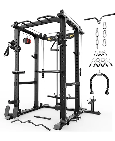 Fed Fitness 1600LBS Commercial Power Cage, Heavy-Duty Cable Crossover Squat Rack with Full Attachments, All-in-One Home Gym