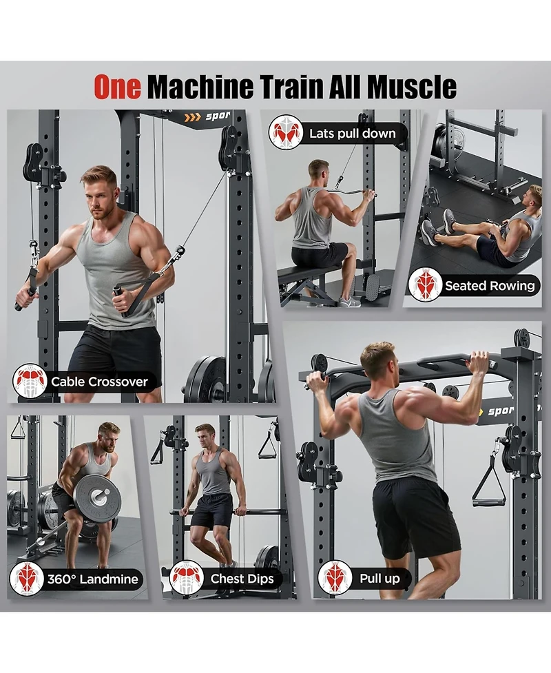 Fed Fitness 1600LBS Commercial Power Cage, Heavy-Duty Cable Crossover Squat Rack with Full Attachments, All-in-One Home Gym