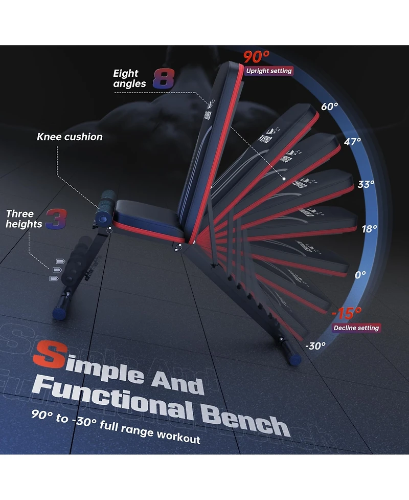 Fed Fitness Foldable Weight Bench with 2 Resistance Bands, 8 Backrests Fast Adjustable Fid for Home Gym Full Body Workout