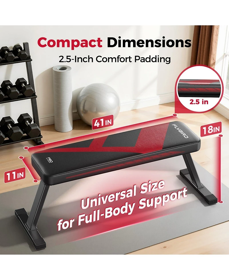 Fed Fitness Foldable Flat Weight Bench For Home Gym, Sturdy Strength Training Workout Bench