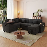 Streamdale Furniture U-Shaped Corduroy Sofa Bed with Usb, Storage, and Cup Holders