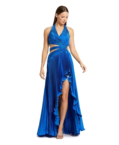 Mac Duggal Women's Halter Neck Pleated Charmeuse Cut Out Gown
