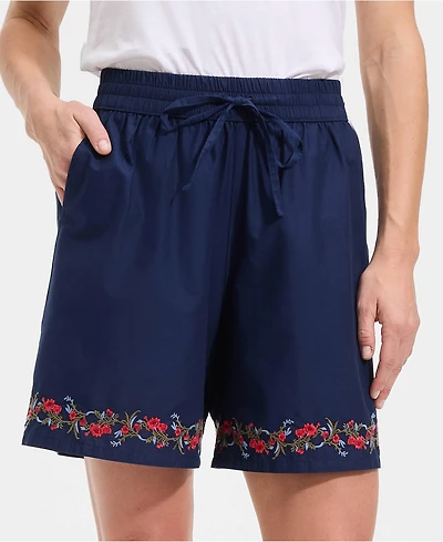 Lands' End Women's Poplin Embroidered High Rise 7" Pull On Shorts