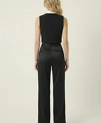 Modenaire Women's Contrast Bow Tie Neck Cropped Top