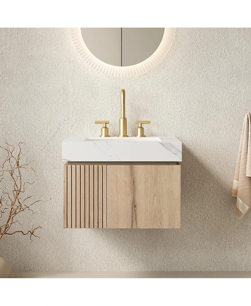 Sillysis 24 Inch Wall Mounted Bathroom Vanity with Carrara Sintered Stone Top, Ceramic Sink, Soft Close Cabinet, Pre-assembled