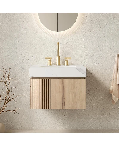 Sillysis 24 Inch Wall Mounted Bathroom Vanity with Carrara Sintered Stone Top, Ceramic Sink, Soft Close Cabinet, Pre-assembled