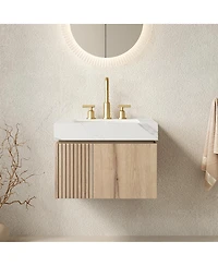 Sillysis 24 Inch Wall Mounted Bathroom Vanity with Carrara Sintered Stone Top, Ceramic Sink, Soft Close Cabinet, Pre-assembled