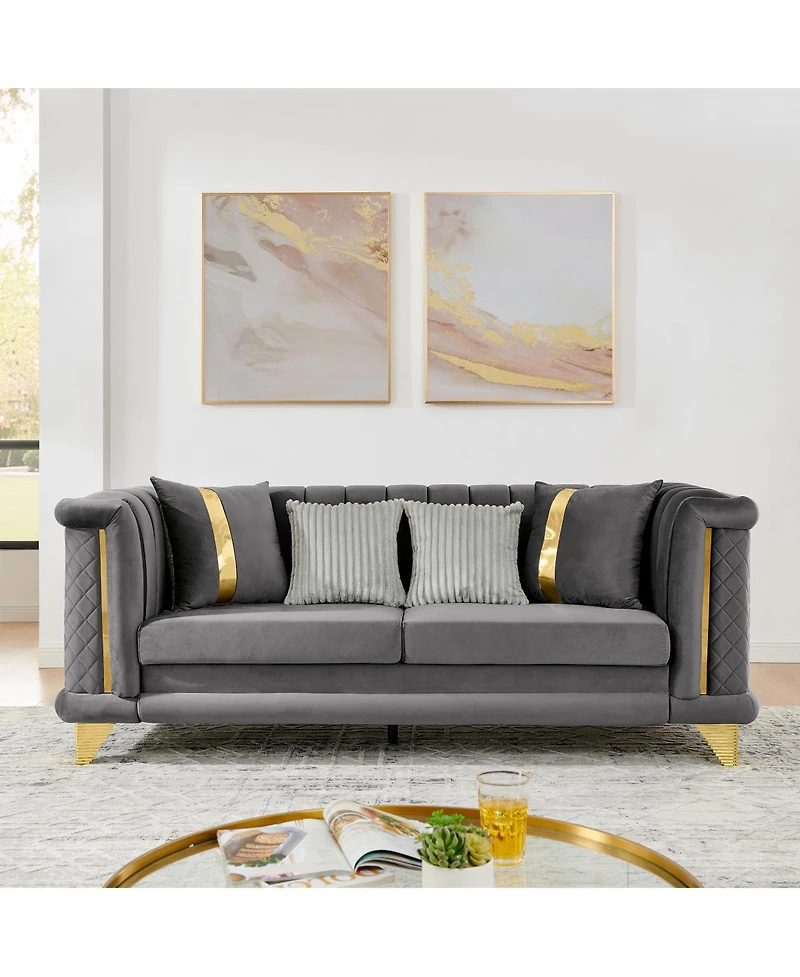 Streamdale Furniture 89" Velvet 3-Seater Luxury Sofa with Gold Trim and Tufted Texture