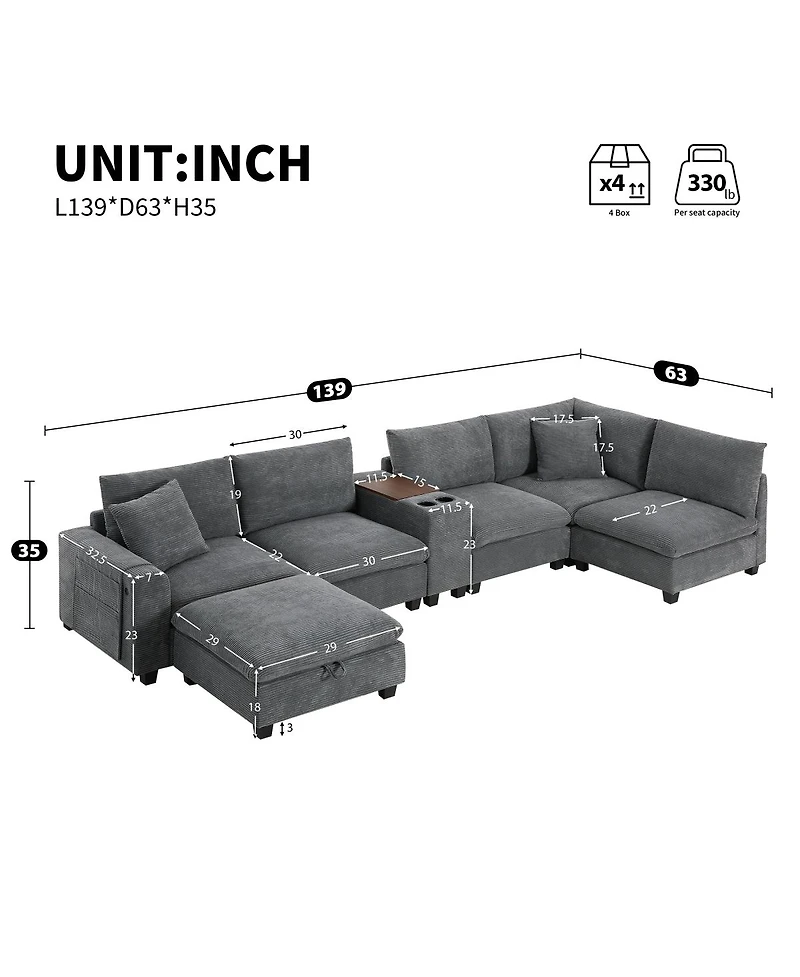 Streamdale Furniture 139'' U-Shaped Modular Corduroy Sectional Sofa with Storage and Usb Charger