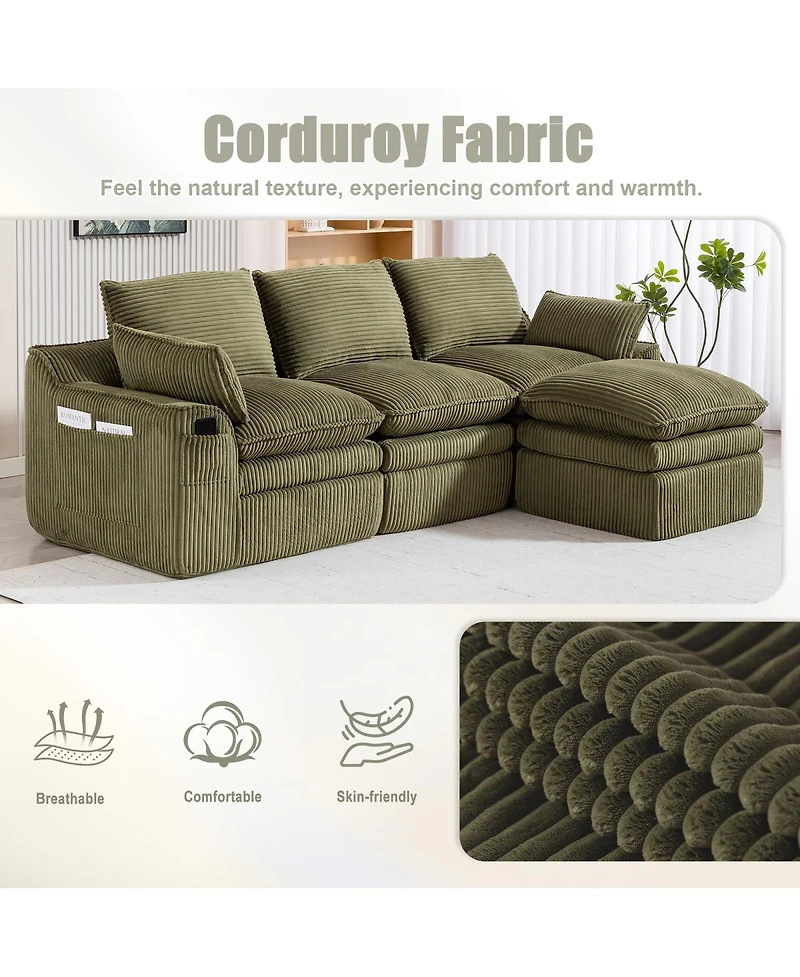 Streamdale Furniture L-Shaped Modular Corduroy Sectional Sofa with Movable Footstool and Pillows