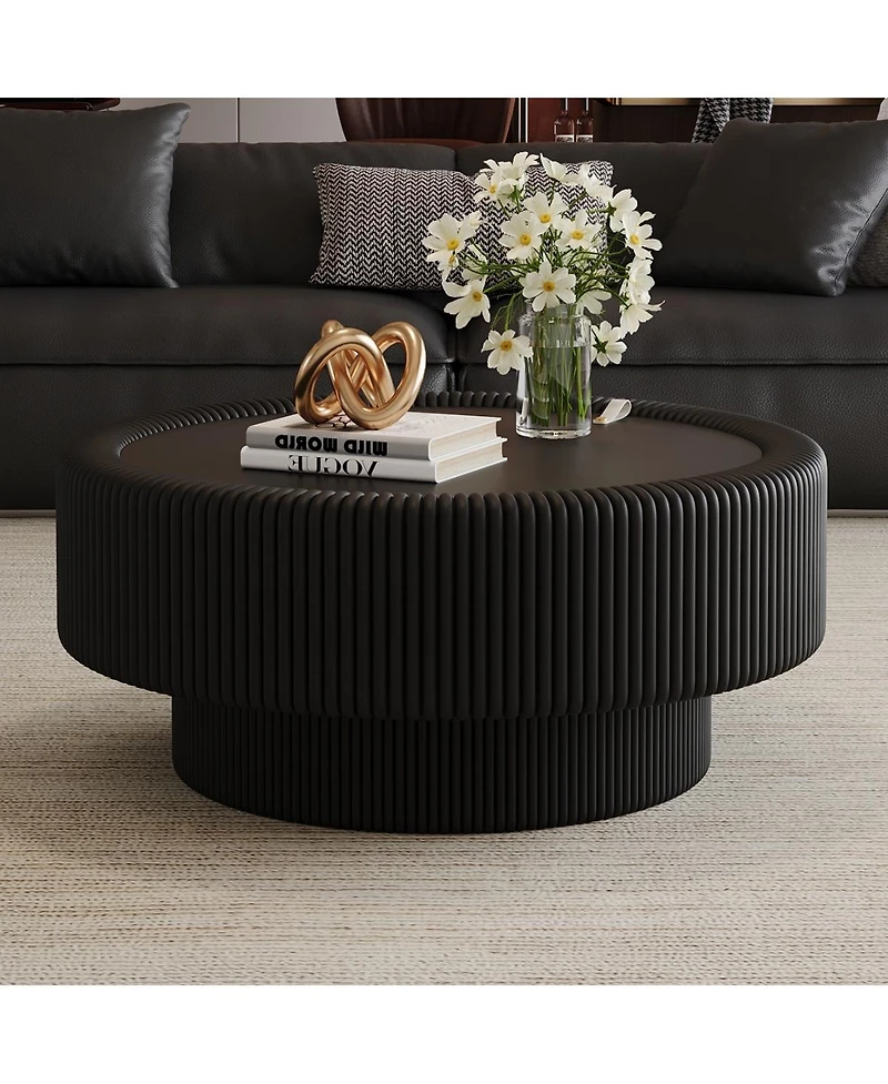 Streamdale Furniture 31.5" Fluted Round Leather and Glass Storage Coffee Table