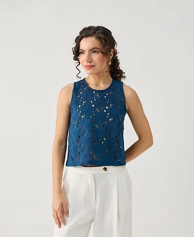 Reistor Women's Embroidered Sleeveless Button-Back Top