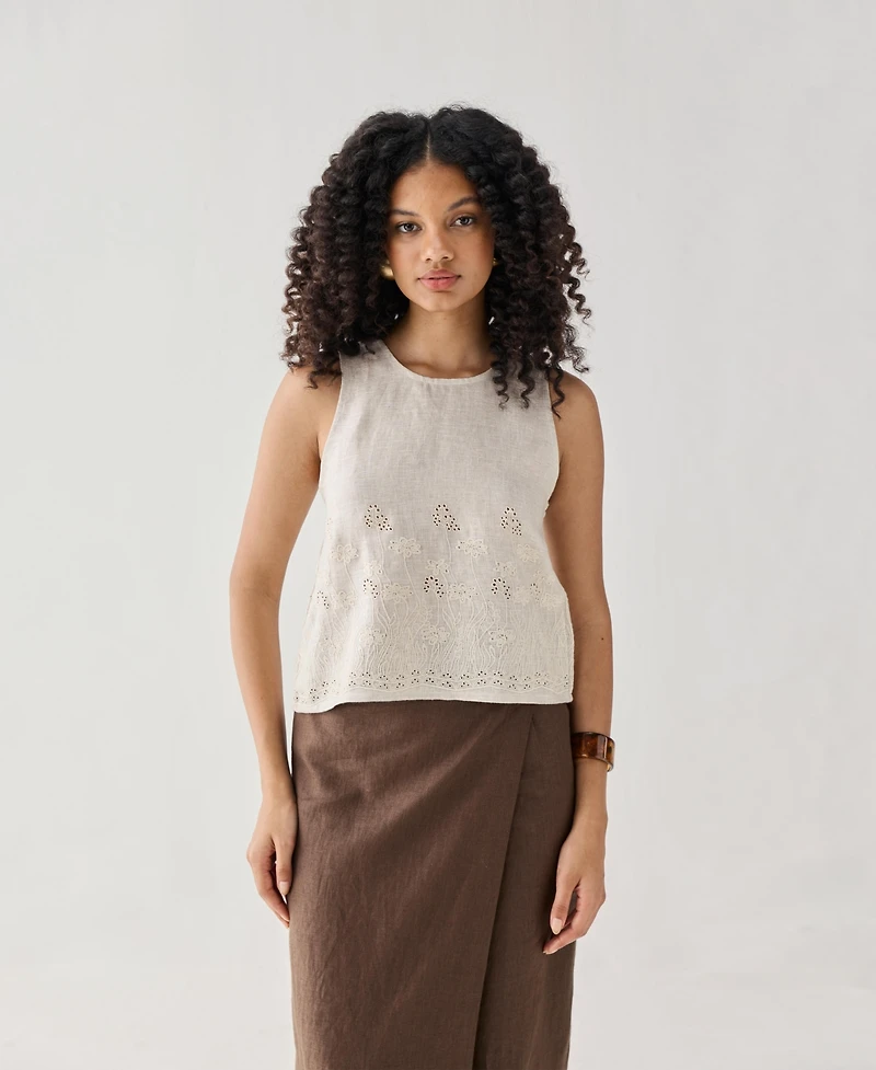 Reistor Women's Checkered Linen Embroidered Button-Back Top
