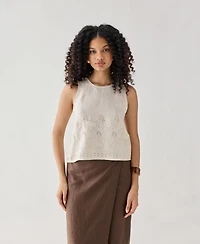 Reistor Women's Checkered Linen Embroidered Button-Back Top