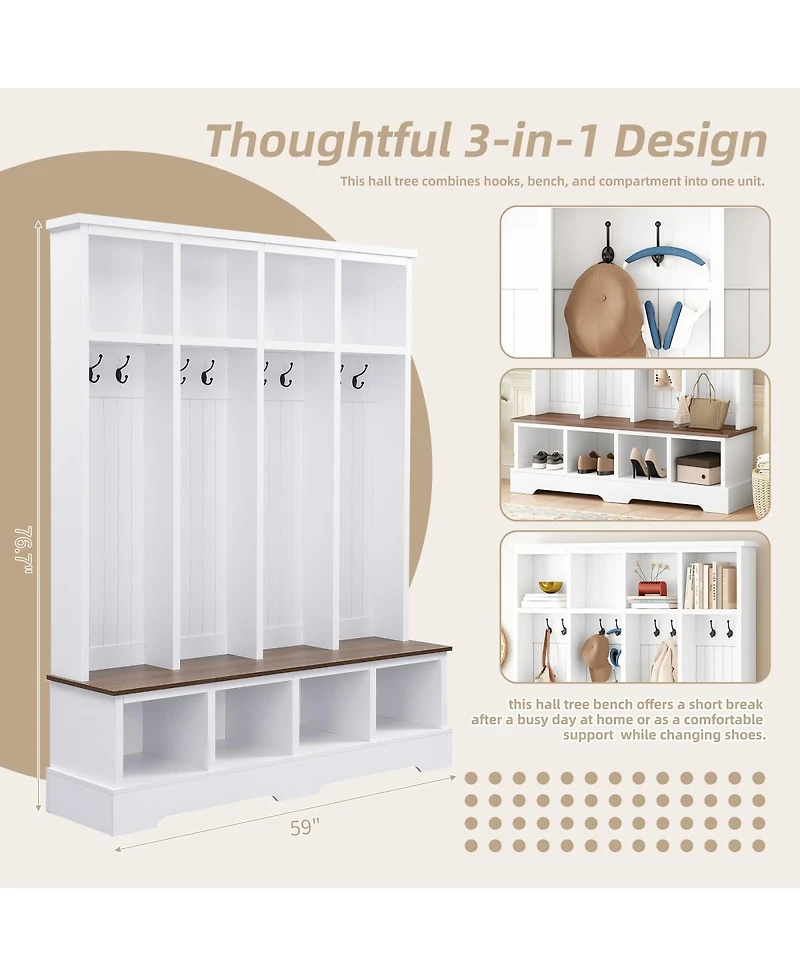 Streamdale Furniture Farmhouse 3-in-1 Hall Tree with Bench, 8 Hooks, and Shoe Storage