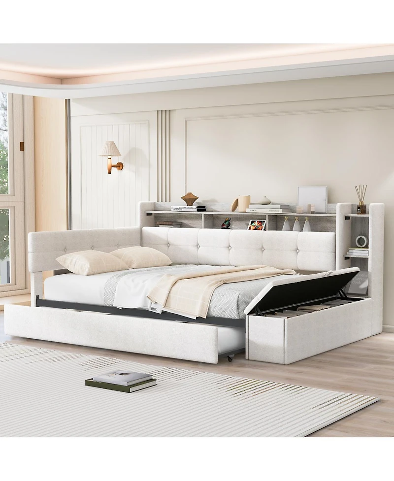 Streamdale Furniture Upholstered Daybed with Trundle, Storage, Usb, and Led Lights