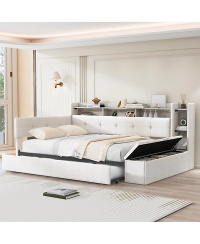 Streamdale Furniture Upholstered Daybed with Trundle, Storage, Usb, and Led Lights