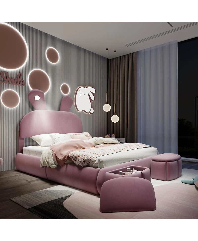 Streamdale Furniture Upholstered Platform Bed with Cartoon Ear Headboard and Light