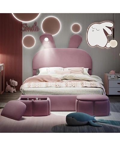 Streamdale Furniture Upholstered Platform Bed with Cartoon Ear Headboard and Light
