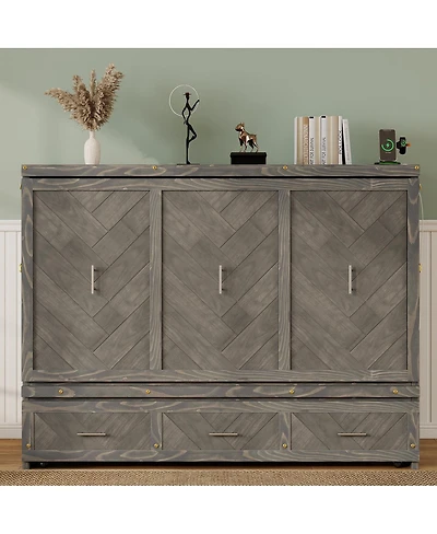 Streamdale Furniture Pine Wood Murphy Cabinet Bed with Usb Charging Station