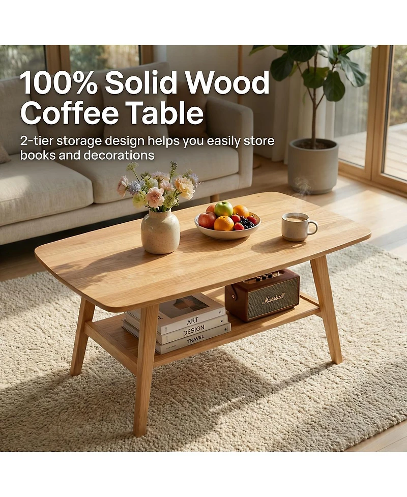 Streamdale Furniture Mid-Century Modern Solid Oak Coffee Table with Storage Shelf
