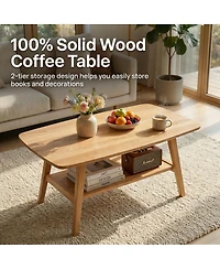 Streamdale Furniture Mid-Century Modern Solid Oak Coffee Table with Storage Shelf