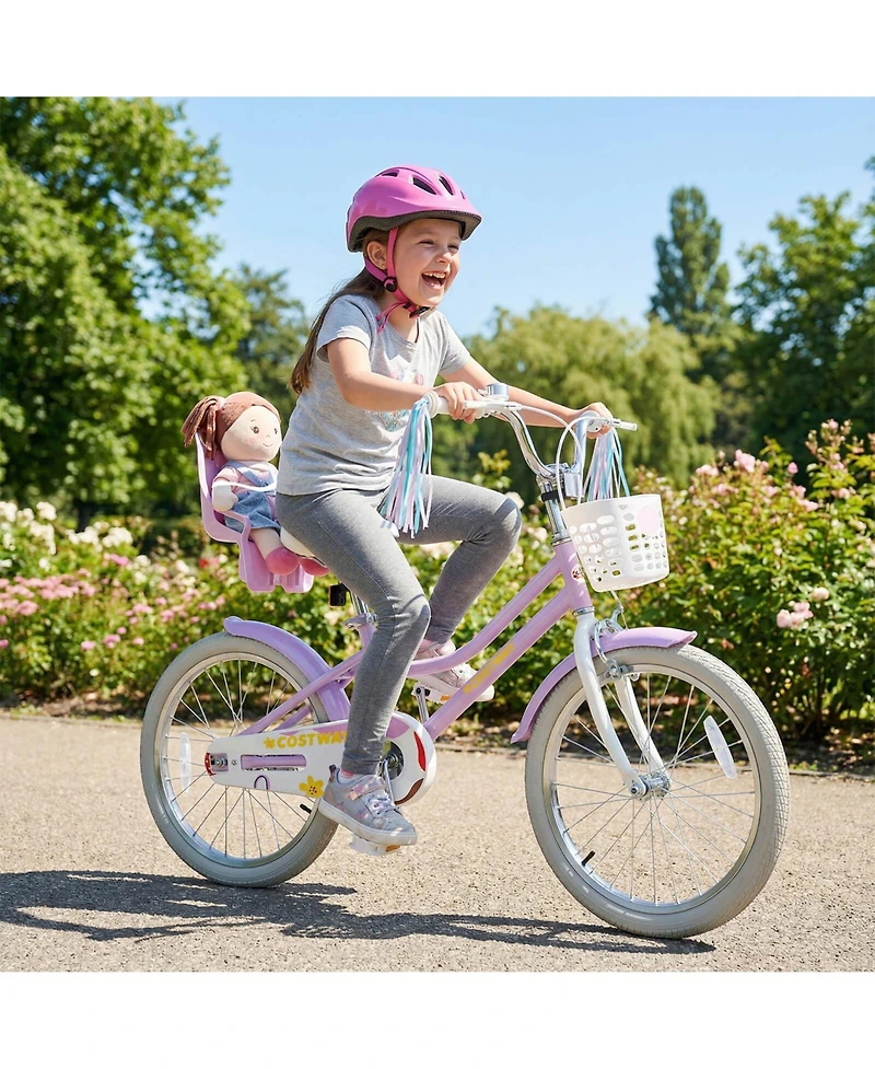 Costway Girls Bike, 20" Kids Bicycle with Basket, Doll Seat, Colorful Streamers, Reflectors