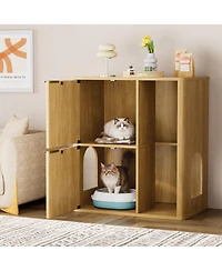 Streamdale Furniture 31.5" Light Wood Cat Litter Cabinet with Cat Tree and Storage Shelves