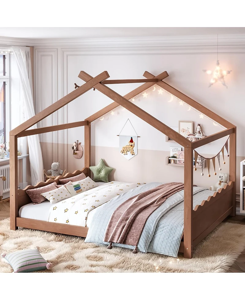 Streamdale Furniture House Floor Bed with Support Slats, Solid Wood Frame
