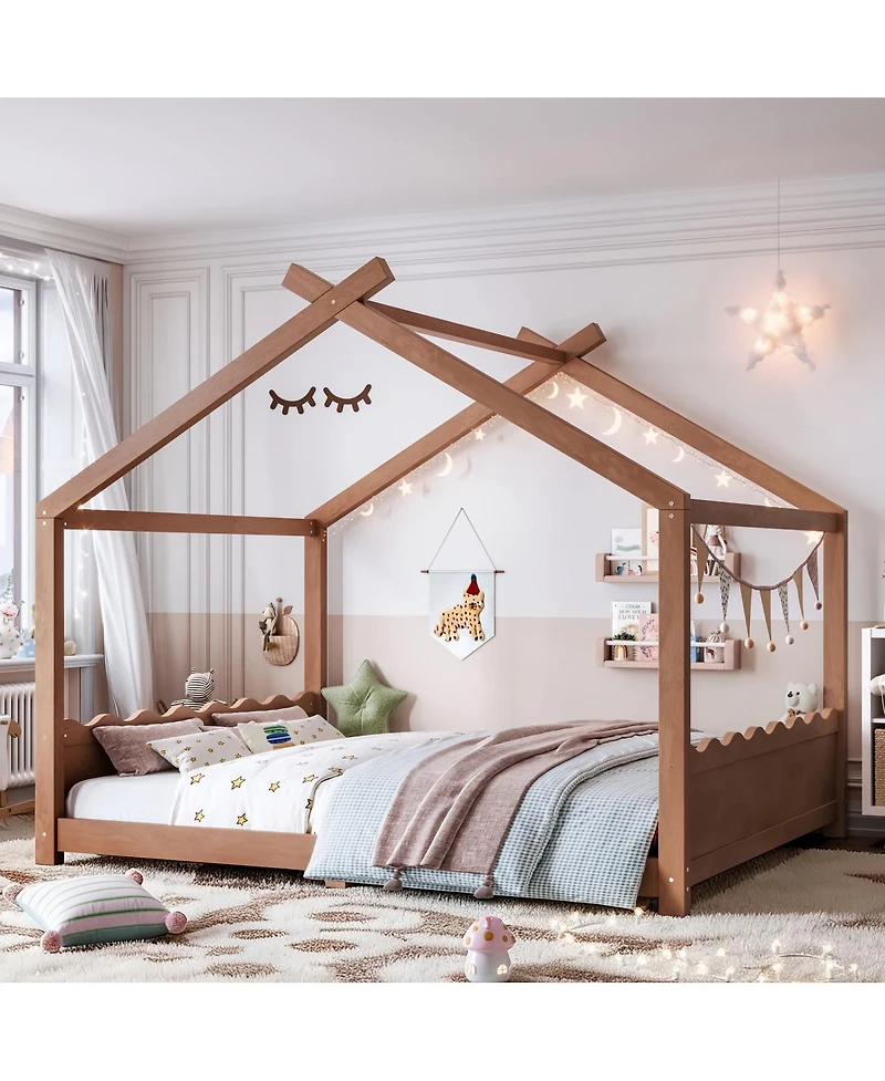 Streamdale Furniture House Floor Bed with Support Slats, Solid Wood Frame