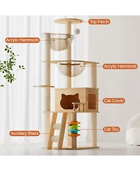 Streamdale Furniture 59" Modern Wood Cat Tower with Sisal Scratching Posts and Acrylic Hammock
