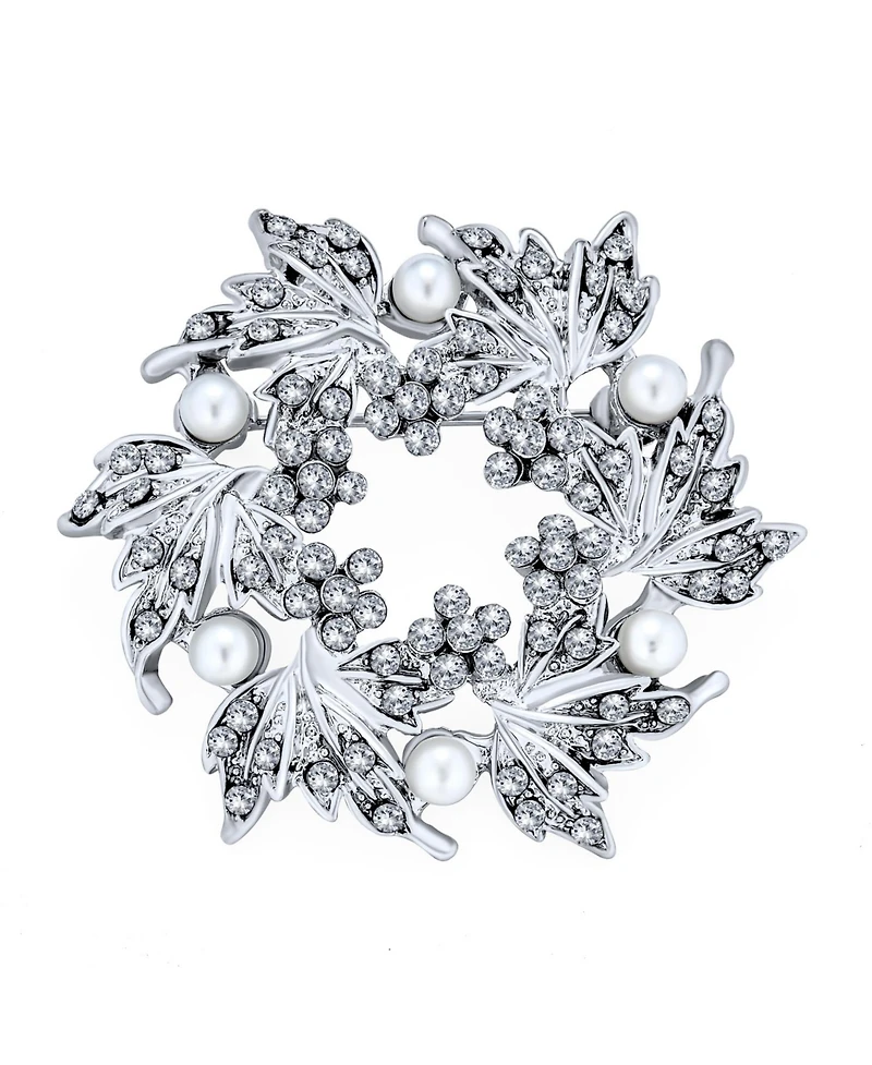 Bling Jewelry Pearl Wreath Circle Statement Brooch Pin Crystal Accent for Lapel and Scarf