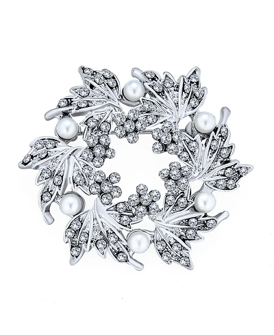 Bling Jewelry Pearl Wreath Circle Statement Brooch Pin Crystal Accent for Lapel and Scarf