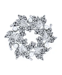 Bling Jewelry Pearl Wreath Circle Statement Brooch Pin Crystal Accent for Lapel and Scarf