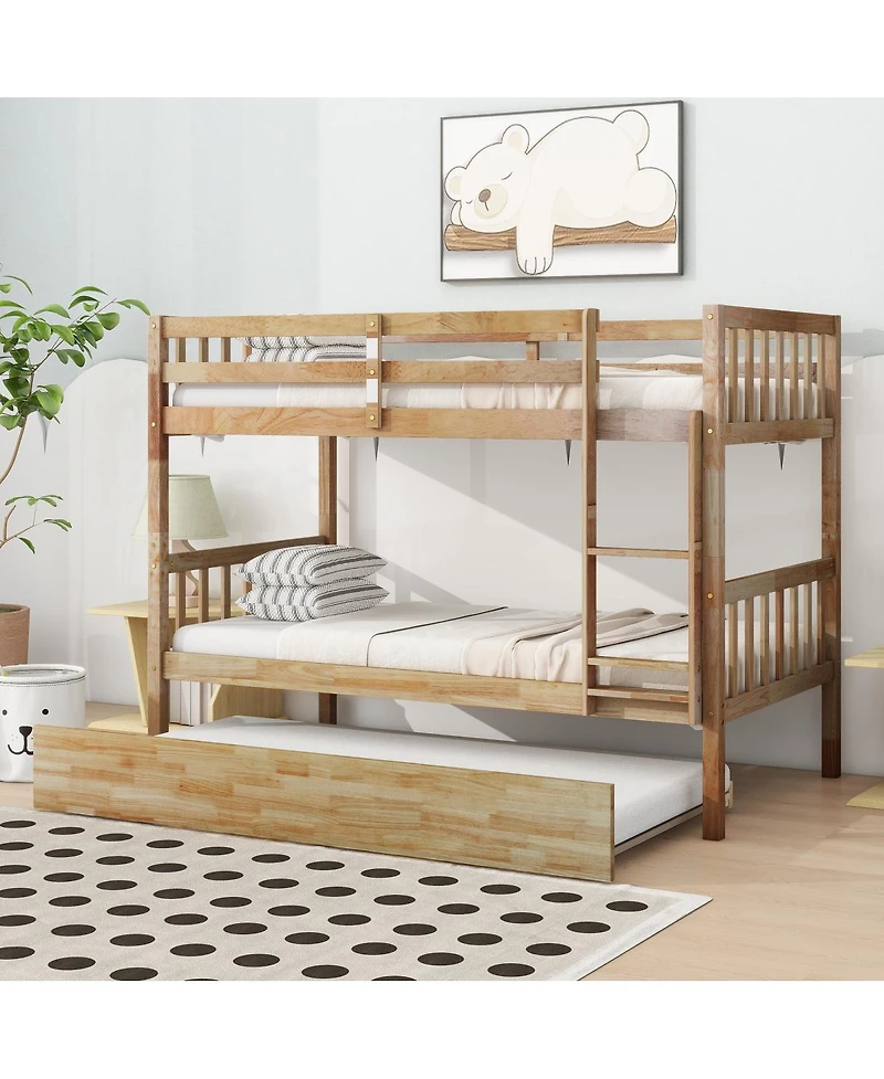 Streamdale Furniture Rubber Wood Bunk Bed with Trundle, Convertible to 2 Beds