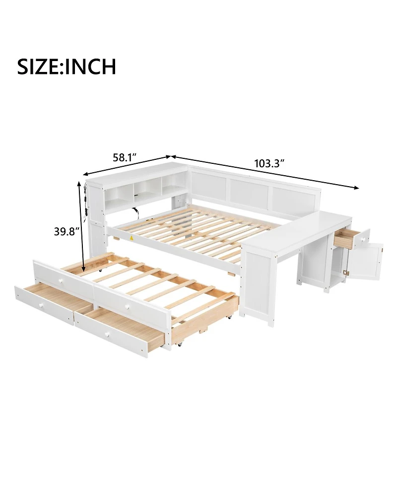 Streamdale Furniture Daybed with Storage, Trundle, Desk, Led and Charging Station