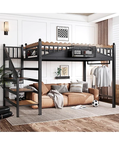 Streamdale Furniture Metal Loft Bed with Storage Stairs and Shelves