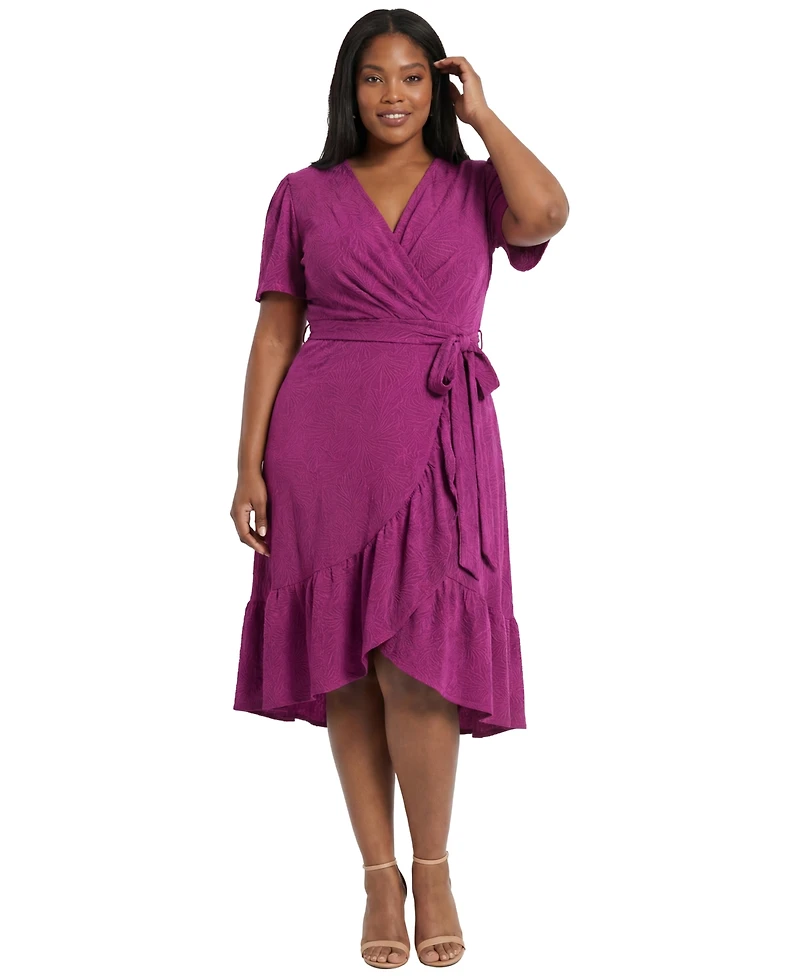 London Times Plus Surplice Neck Ruffle Wrap Dress