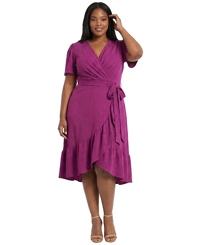 London Times Plus Surplice Neck Ruffle Wrap Dress