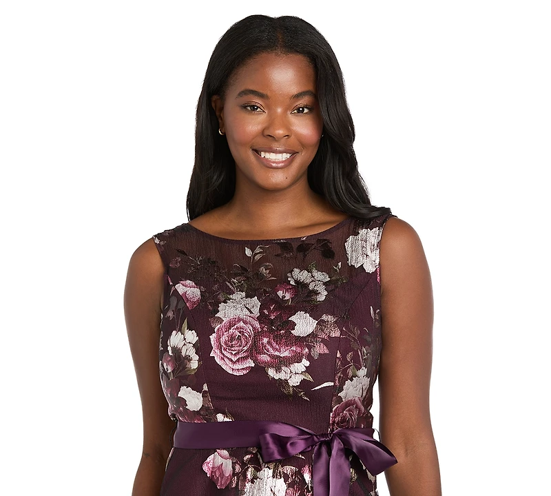 R & M Richards Women's Printed Foil Floral Boat Neck Gown